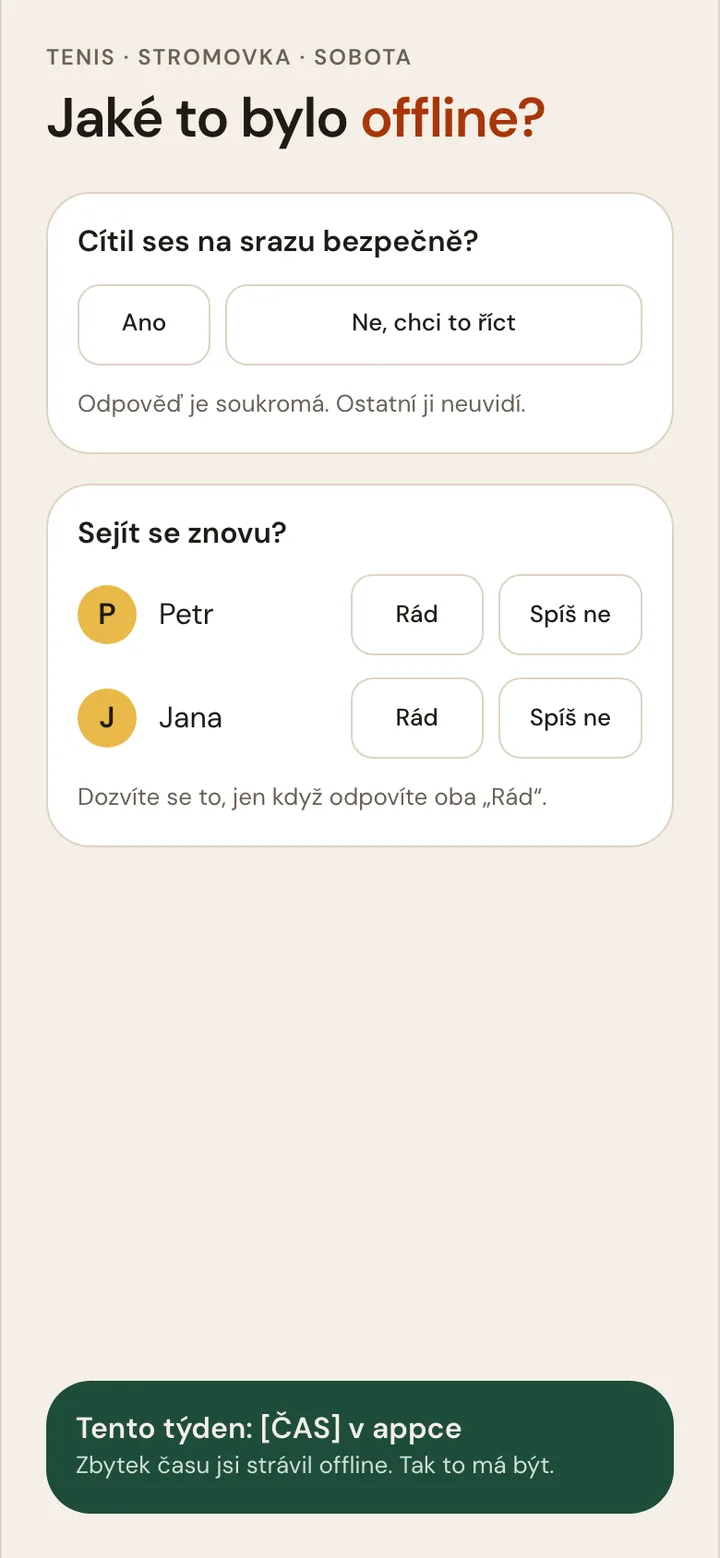 Obrazovka appky: otázky po srazu
