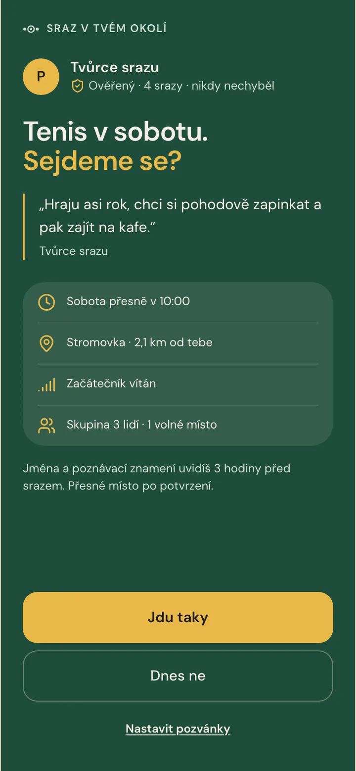 Obrazovka appky: pozvánka „Tenis v sobotu. Sejdeme se?“