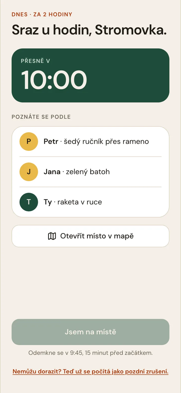 Obrazovka appky: připomínka srazu v 10:00 a poznávací znamení