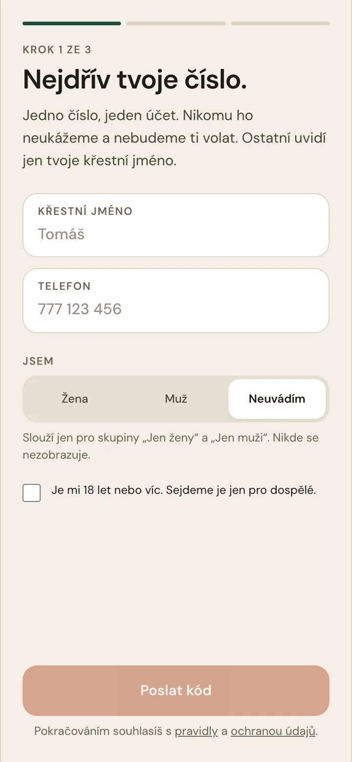 Obrazovka appky: registrace telefonním číslem