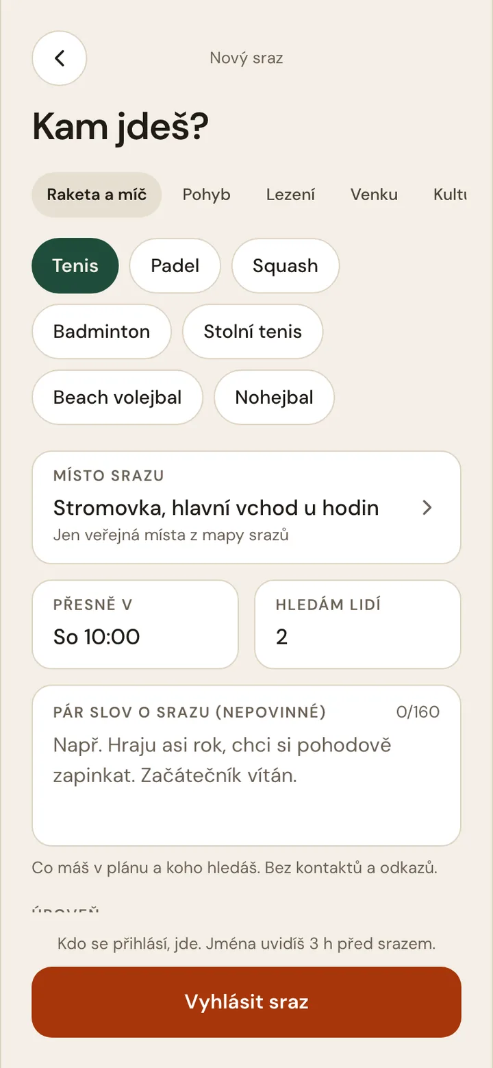 Obrazovka appky: vyhlášení srazu na tenis ve Stromovce